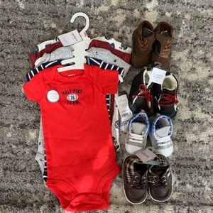 Carter’s shoes & onsies. Timberland shoes